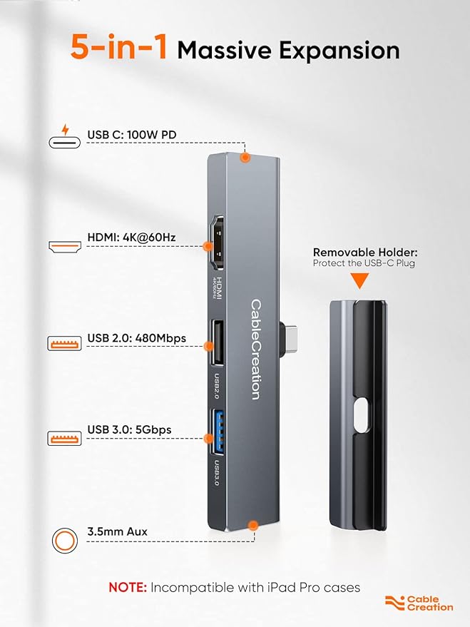 iPad Pro USB C Hub, CableCreation 5-in-1 USBC Hub Multiport Adapter with 4K 60hz HDMI, USB 3.0, USB C Charging and 3.5mm Audio Jack with Magnetic Grip for MacBook, iPad Pro,iPad Air and More