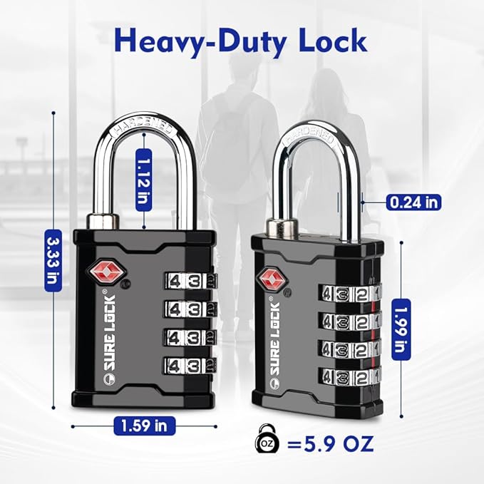 SURE LOCK TSA Accepted Heavy Duty Big Combination Luggage Padlock for Gun Cases, Transporting Equipment Cases in Trade Show, Music and Medical Industries (2, Black)