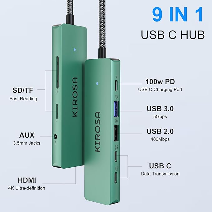 9 in 1 USB C Multiport Adapter for MacBook Air/Pro - USB C to 4K HDMI Hub Dongle with 100W PD USB3.0 - Portable USBC Hub Compatible with Laptops and Other Type C Devices