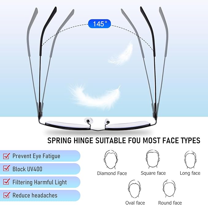 Blue Light Blocking Glasses, Lightweight Metal Half Frame Computer Reading/Gaming/TV/Phones Glasses,Filter UV Ray/Computer Glare with Spring Hinge Eyeglasses(2PCS Black)
