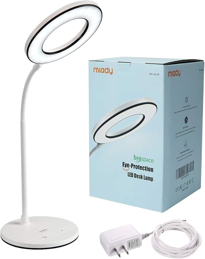 Miady Product Image LED Desk Lamp Eye-Caring Table Light, 3 Color Modes with 4 Levels of Brightness, Dimmable with Adapter, Touch Control Sensitive, 360° Flexible