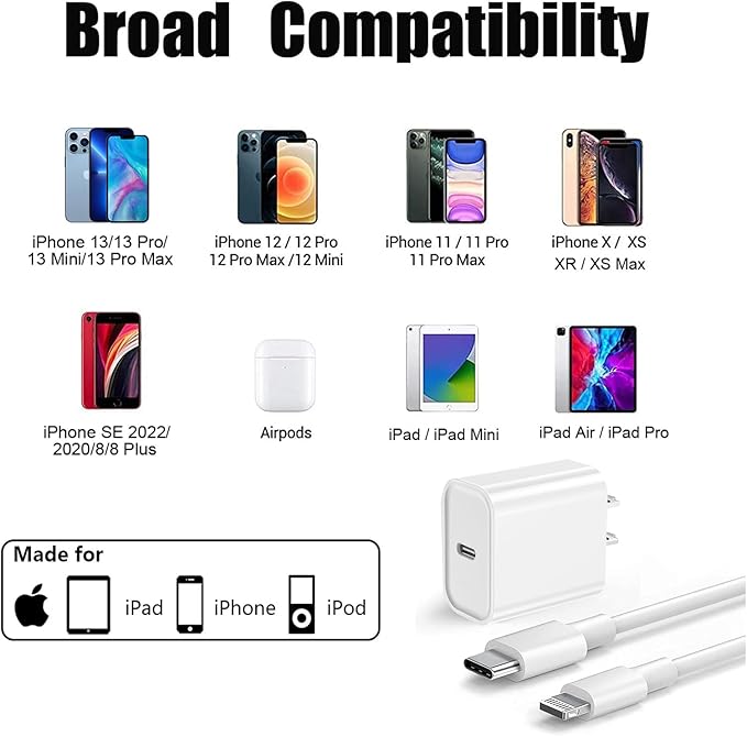 iPhone 14 13 Charger, 2Pack 20W Fast Charging Type C Block (MFI Certified) Rapid Speed USB C Wall Charger Lightning Cable Cord Apple Chargers for iPhone 14 Pro Max 14 Plus 13 12 11 Pro SE XS XR X iPad