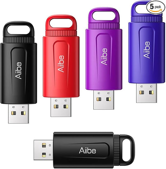 Aiibe 128GB USB Flash Drive 5 Pack - Colorful Keychain Thumb Drives with USB 2.0 Connection