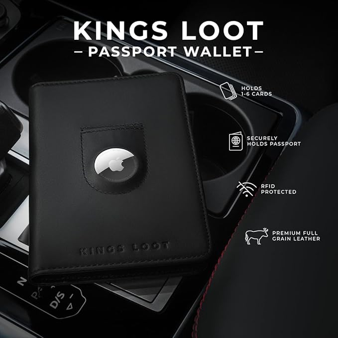 Kings Loot Passport Holder Wallet – RFID Blocking Leather Travel Wallet with Built-in Airtag Holder – Holds 1-6 Cards & Passport – Easy Pull Tab – Slim & Stylish Wallets (Onyx Black/Premium Engraved)