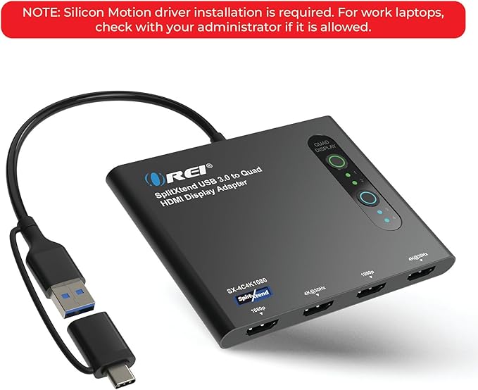 OREI SplitExtend HDMI Splitter Extended Display for Quad Monitor - Multi-Monitor Display 5 Separate Screens - USB-C Adapter to HDMI 2.0, 4K@30Hz Outputs - Windows and Mac Compatible