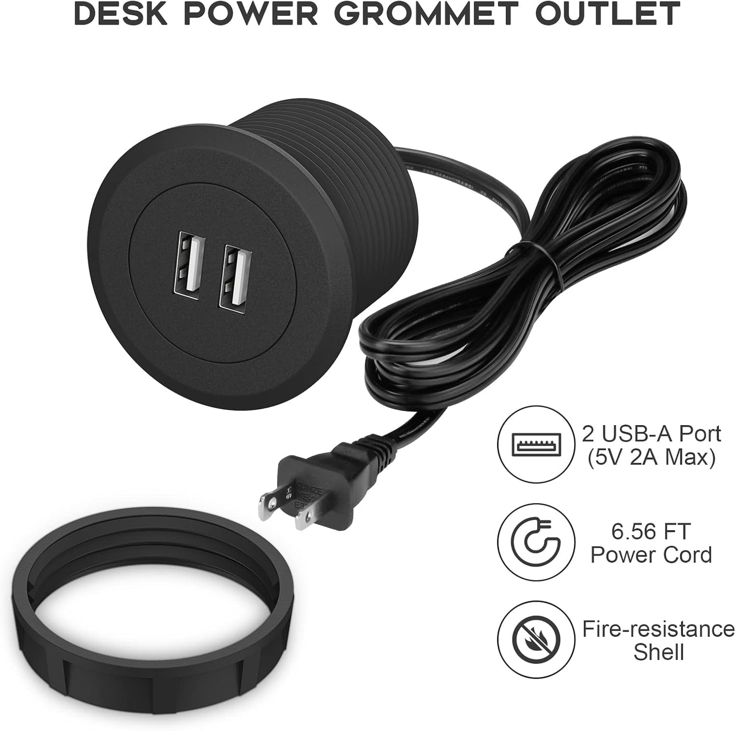 Mini Desk Power Grommet Outlet Build in 2 USB Ports Desktop Grommet with 6.56 FT Power Cord, USB Hub for Sofa, Couch, Table, Bedside, Workbench, Office, Home