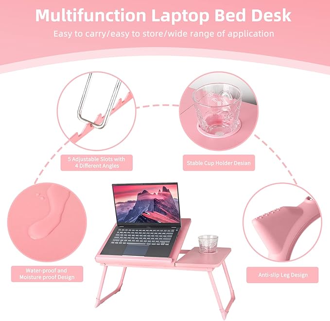 CloudTrip Laptop Desk for Bed or Couch, Lap Desk, Woking in Bed Desk, Home Office Desks, Breakfast Tray, Desk with Cup Holder, Watching Movies in Bed, Laptop Stand for Bed, Fordable Legs Desk (Pink)