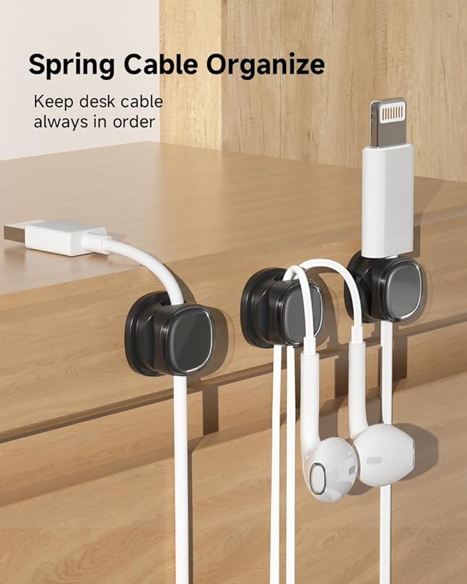 9 Pack Cord Organizer, Spring Cable Management, Adhesive Cute Cable Holder Clips, Phone Charger Wire Keeper for Desk Nightstand Car Office (9-Pack Black)