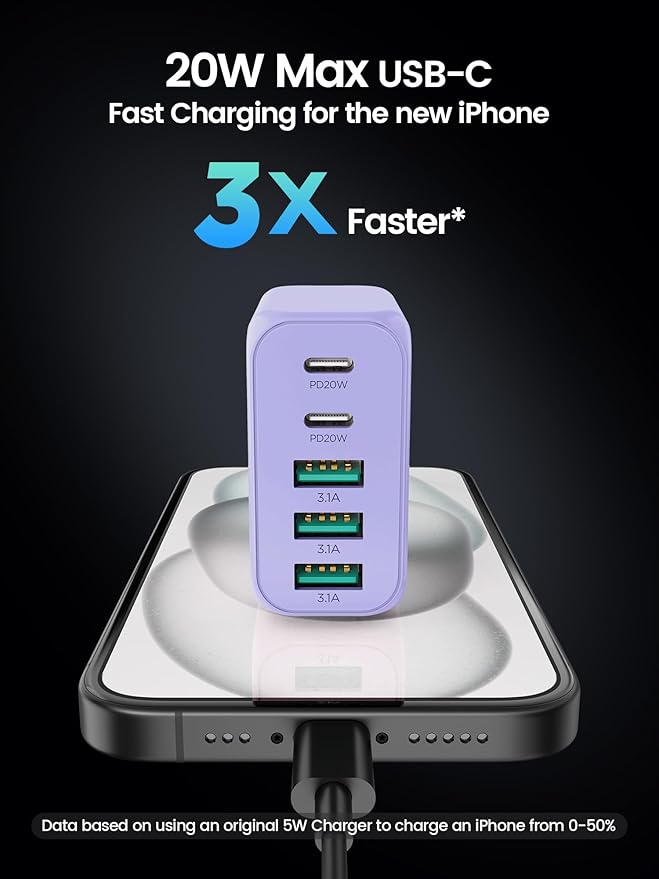 USB C Charger Block,EIZLXQ [2-Pack] Type C Charger Fast Charging,50W 5-Port USB Wall Chargers Multiport Type C Charging Block Cube for iPhone 16 15 14 13 12 11 Pro Max XS,iPad,Samsung&More-Purple