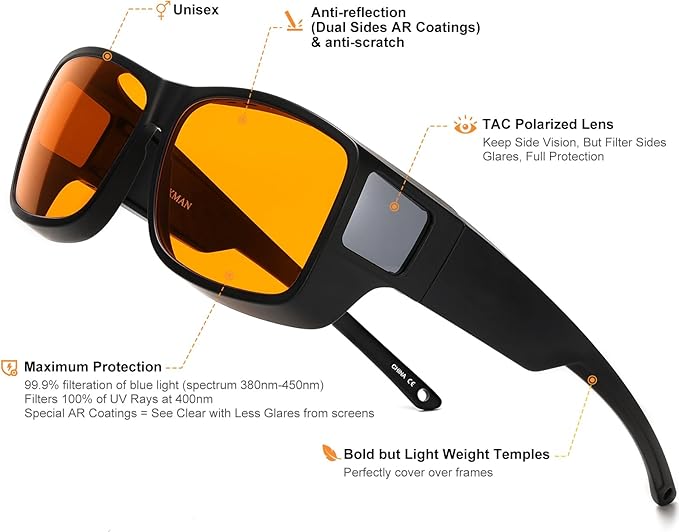 CAXMAN 99.9% Blue Light Glasses Sleep Glasses Orange Tinted Lens for Good Sleep Fit Over Glasses Fully Covered Your Eyes