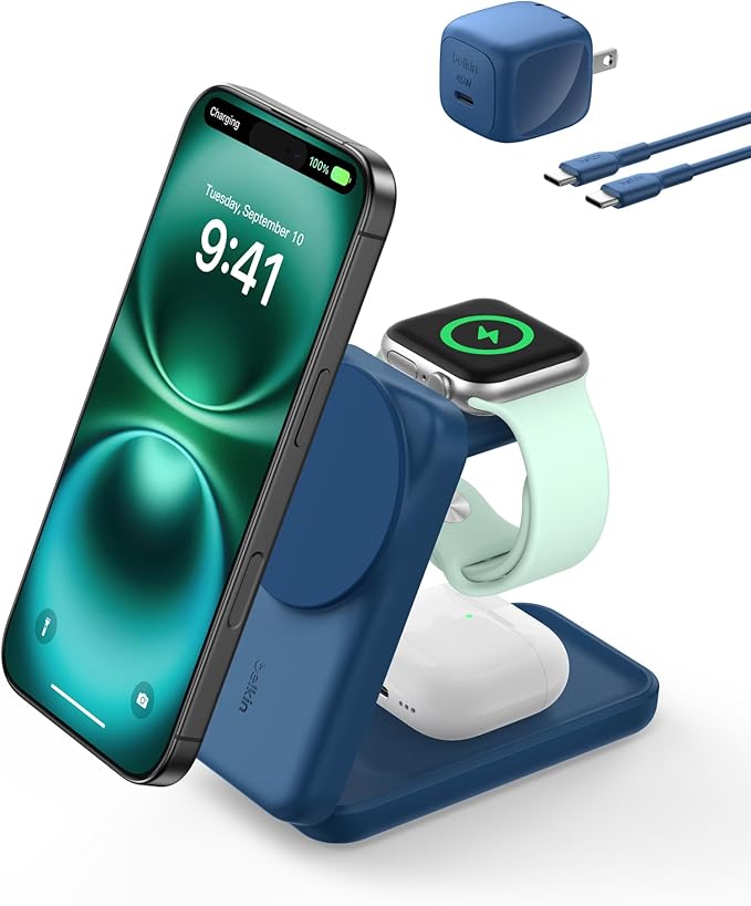 Belkin MagSafe Charger Compatible, 3-in-1 Charging Station, Qi2.2 25W Magnetic Wireless Charger Dock, Foldable Charging Stand for iPhone 17/16/15, Apple Watch, AirPods, Pixel 10 (45W Adapter Included)