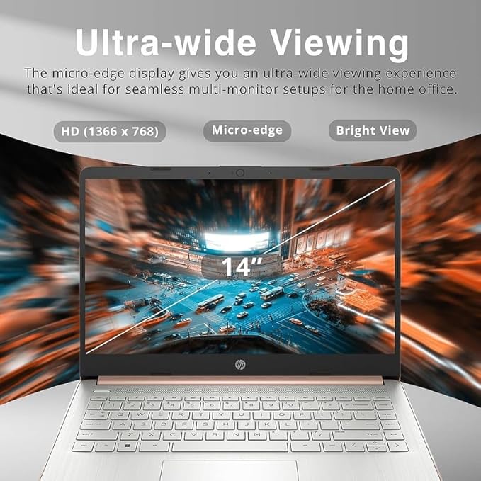 HP 2024 Premium 14" Micro-Edge Portable Laptop Student Business, Intel Quad-Core N4120, 4GB RAM, 192GB (128GB eMMC+ 64GB Card), WiFi, Windows 11S + 1 Year Office 365, MarxsolAccessory Rose Gold