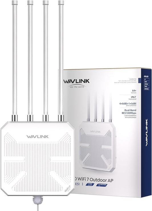 WAVLINK WiFi 7 BE5100 Outdoor WiFi Extender, Dual Band Long-Range Outdoor WiFi Repeater|Access Point|Mesh Router, POE Powered | IP67 Waterproof | 4 x 8dBi Antennas, 2.5 Gbps Ethernet, Up to 2800 sq.ft