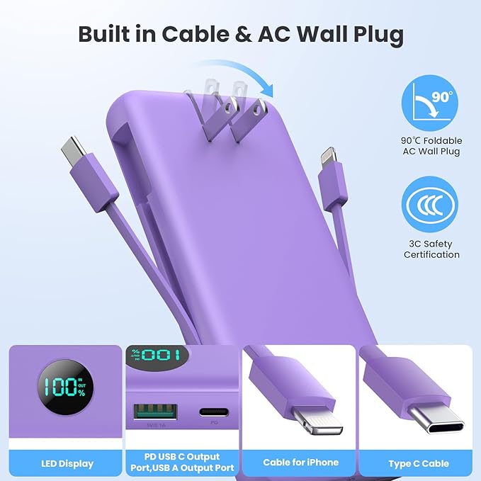 Portable Charger 33800mAh USB C Power Bank with Built-in Cables & AC Wall Plug,25W Fast Charging+QC 4.0 Phone Charger,4 Output LCD Display Battery Pack Compatible with iPhone16/15,Samsung,Android etc