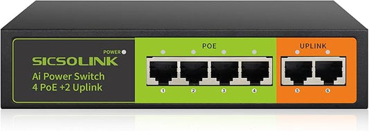 6 Ports PoE+ Switch, 4 PoE+ Ports, 2 Uplink, IEEE 802.3af/at, Total 65W, 100Mbps, Unmanaged, Metal case, Suitable for IP Cameras,Networking Devices & Home Office.