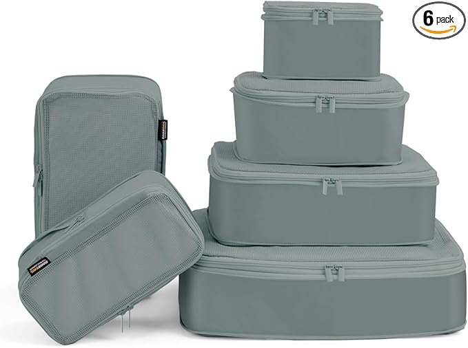 6 Set Compression Packing Cubes, Suitcase Storage Bags for Clothes and Travel Essentials (Steel Blue)