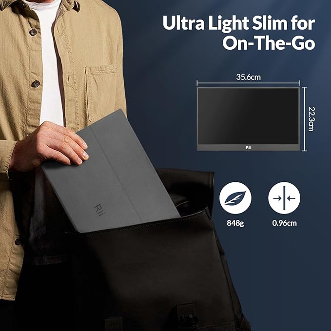 Rii Portable Monitor, 15.6” 1080P FHD USB-C HDMI, Ultra-Slim IPS HDR Display with Cover and Built-in Speaker, Travel Monitor for Laptop/PC/Phone/Mac/Xbox/Switch/PS4/PS5, VESA Mountable