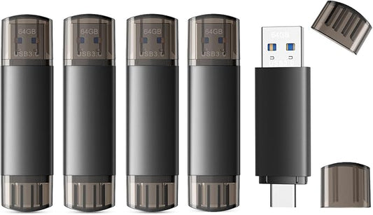 64GB USB C Flash Drive Dual USB 3.0 Flash Drive Type C + USB A Portable Type-C Flash Drive 2-in-1 USB-C Thumb Drive for Smartphone Tablet Computer Mac iPhone Black (5 Pack)