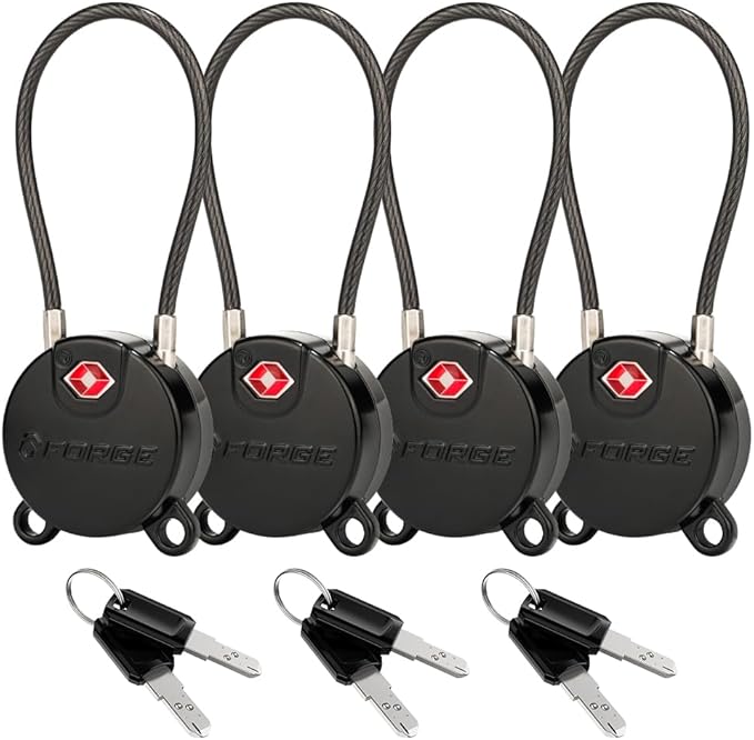 Forge TSA Approved Luggage Locks Ultra-Secure Dimple Key Travel Locks with Zinc Alloy Body- Black 4 Cable Locks