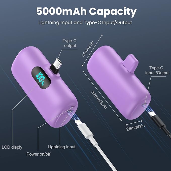 [2-Pack] Mini Portable Charger 5000mAh Power Bank,3A PD USB C Cell Phone Portable Power, LCD Display Battery Pack Compatible with iPhone 16/15/15 plus/15 pro/15 pro Max/Android/Samsung/Moto/LG etc