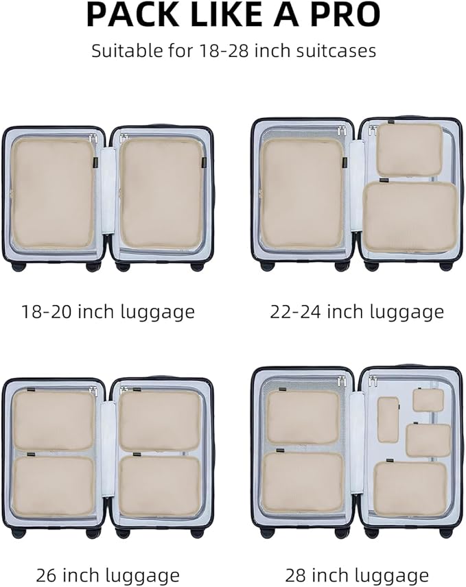 6 Set Compression Packing Cubes, Suitcase Storage Bags for Clothes and Travel Essentials (Classic Khaki)