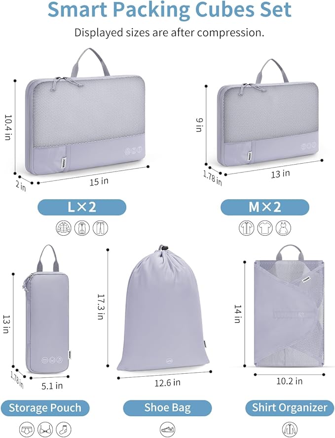 WANDF 7 Set Compression Packing Cubes for Travel, Shirt Folder for Wrinkle-Free, Suitcase Organizer Bags Set for Carry-On Checked Luggage Duffle Bag Women Men(Gray-blue)