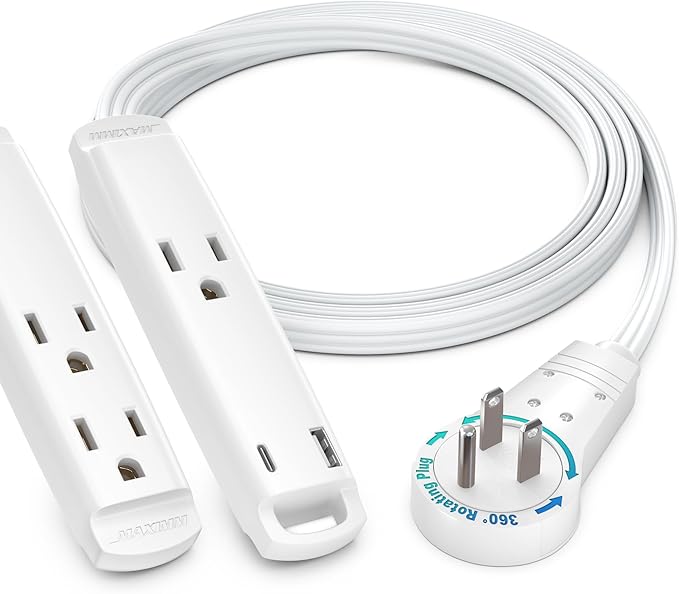 Maximm 360° Rotating Flat Plug Extension Cord 3-Outlet with USB-C and USB-A Ports 3FT, 3-Prong Flat Wire 16AWG, UL Certified (White)