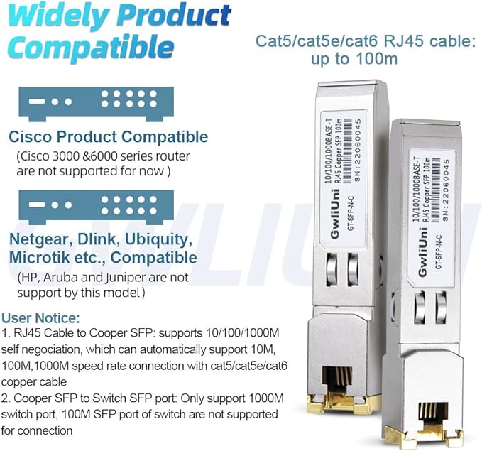 10Pcs 1.25Gbps RJ45 Copper SFP, 10/100/1000Base-T transceiver Module 100m for Switch, Router, Firewall, Network Card, Media Converter etc