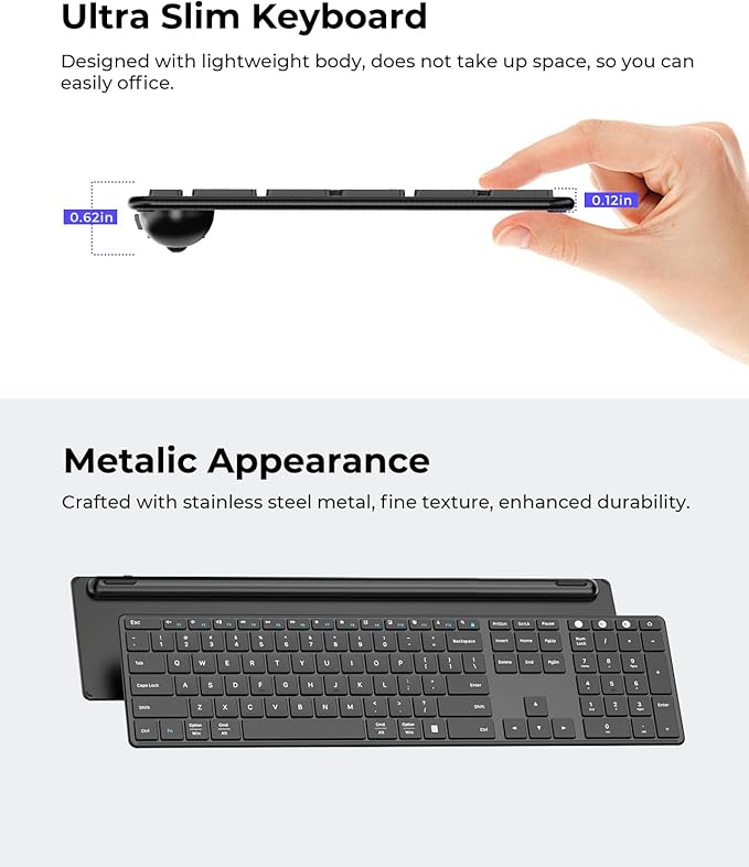 seenda Wireless Bluetooth Keyboard and Mouse Combo (USB + Dual BT), SKM64-3 Multi-Device Rechargeable Slim Keyboard and Mouse, Compatible for Win 7/8/10, MacBook Pro/Air, iPad, Tablet - Black