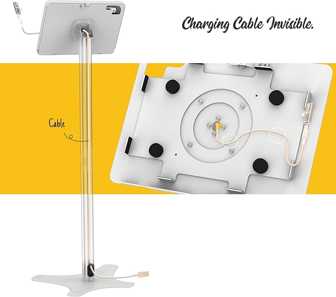 Tablet Floor Stand, Anti-Theft, Rotate Lockable Metal Tablet Enclosure+Aluminum Pole+Metal Base, Compatible with 10.9" iPad 10th, Pro 11" 1 2 3 4, Air 4 5, Air 11", iPad 11"(A16)