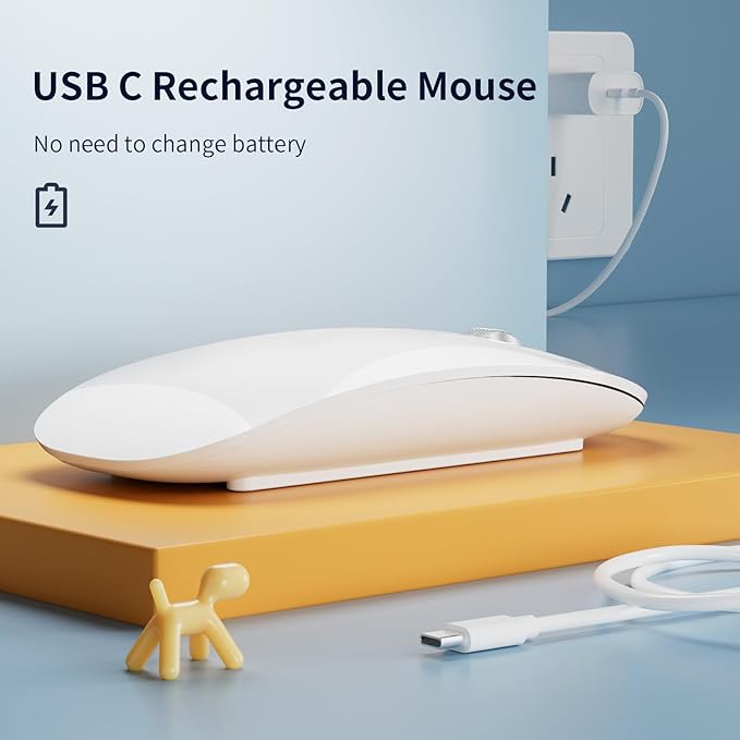 TENMOS M18 Bluetooth Mouse, USB C Rechargeable Wireless Mouse, Triple Mode (Dual Bluetooth+USB) Computer Silent Mice Portable with USB Receiver and Type C Adapter for Laptop/MacBook/iPad/PC - White