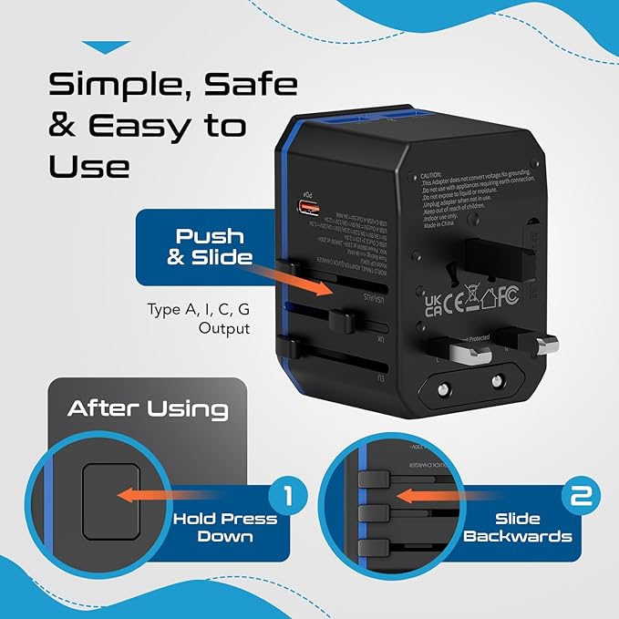 Ceptics International Power Adapter, World Travel adapter w/ PD 30W USB-C - 2 USB-A Ports Universal Adapter, Type A C G I Output for worldwide use, UP-10KU