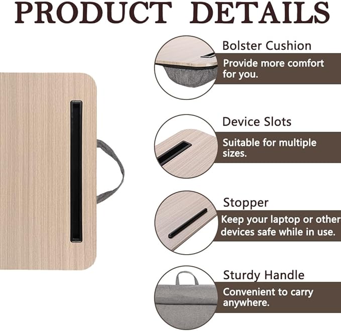 Lap Desk, Portable Laptop Desk Fits Up to 16“ Laptops, with Tablet Slot, Built-in Cushion, Great for Home & Office,Lap Desk with Cushion (Black Wood, Medium)