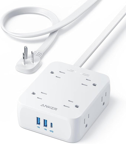 Anker Surge Protector Flat Plug Power Strip 2000J, 5ft Thin Extension Cord, 8 Outlets,2 USB A and 1 USB C Port,20W for iPhone15,Wall Mount,Compact for Home,Office,Room,TUV Listed