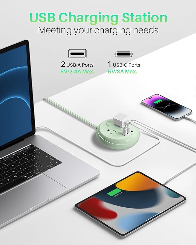 Flat Plug Power Strip with USB C Ports, KOOSLA Travel Extension Cord No Surge Protection - 2 Outlets 3 USB Ports(1250W) - Cruise Essentials for Cruise Ship, Home, Office, Dorm Room, 5ft