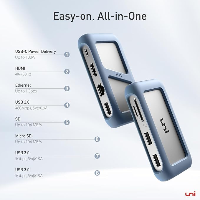 uni USB C Hub Multiport Adapter with Detachable Cable, 8-in-1 USB C Hub with 4K HDMI, 1Gbps Ethernet, SD Card Reader, 100W PD, Compatible for MacBook Pro 2023, iPad Pro 2023, Galaxy S24/S23 & More