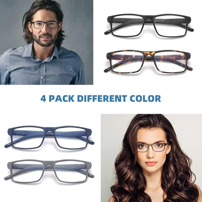 4 Pack Reading Glasses Blue Light Blocking for Men Women,Rectangular Frame Computer Readers with Spring Hinge,Reading Glasses for Men Women，Anti Eyestrain/UV Ray Eyeglasses (0.0x)