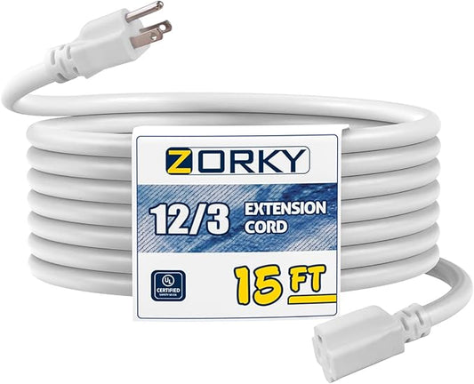 15ft Indoor Outdoor Extension Cord - 12/3 SJTW Heavy Duty Extension Cable with 3 Prong Grounded Plug for Safety -15Amp 1875W White Electric Cord Great for Garden, Appliances