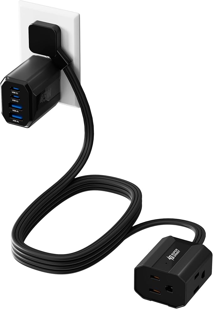 SUPERDANNY Detachable Power Strip, 45W USB-C & USB-A Fast Charge with 3 Outlets, 5ft Flat Plug Extension Cord, Portable for Cruise, Home, Black