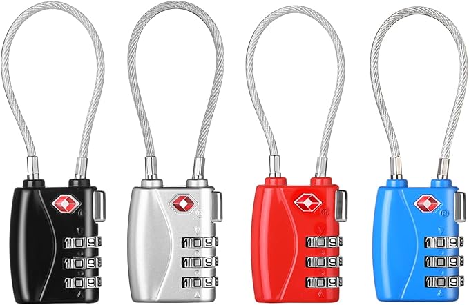 ZHEGE Luggage Locks TSA Approved 4 Pack Cable Padlocks for Suitcase, Baggage, Backpack, Pistol Case (Multiple Colors)