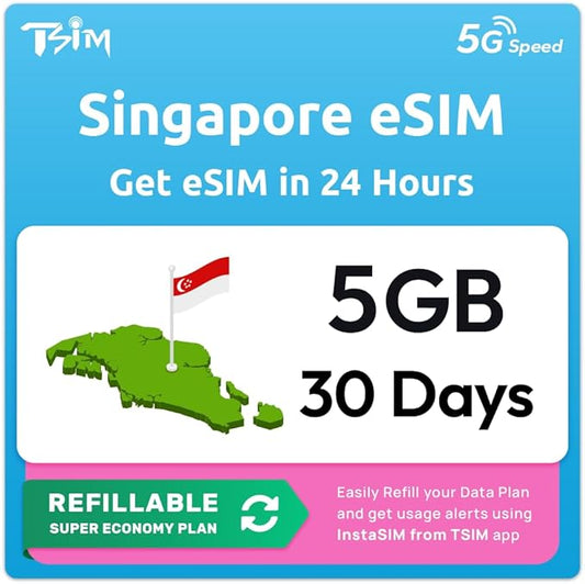 Singapore eSIM | 5GB Super Economy Refillable Plan! QR Code Sent via Email in 24Hrs - Scan & Use Immediately | Auto Activating 30 Day Validity | Hotspot Allowed | Data-Only No Phone Number