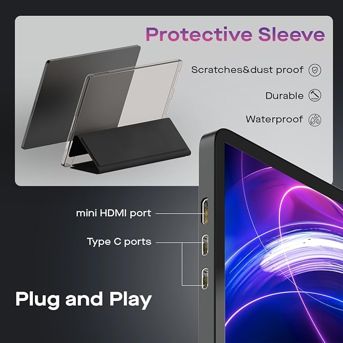 MP Mobile Pixels New Glance Plus 15.6'' OLED Portable Monitor, 1MS 100000:1 Laptop Screen Extender with Dual Speakers, Plug & Play, Windows/macOS/Switch/Android, Included Protective Cover Waterproof