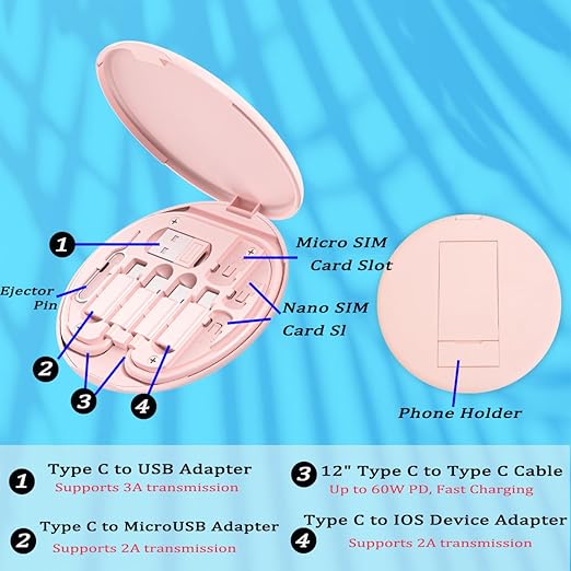 Multi USB Charging Adapter Cable Kit, USB C to iOS Device Adapter Box, Conversion Set A & Type C to Male Micro/Type C/iOS Device, Data Transfer, Card Storage, Tray Eject Pin, Phone Holder (Blue)