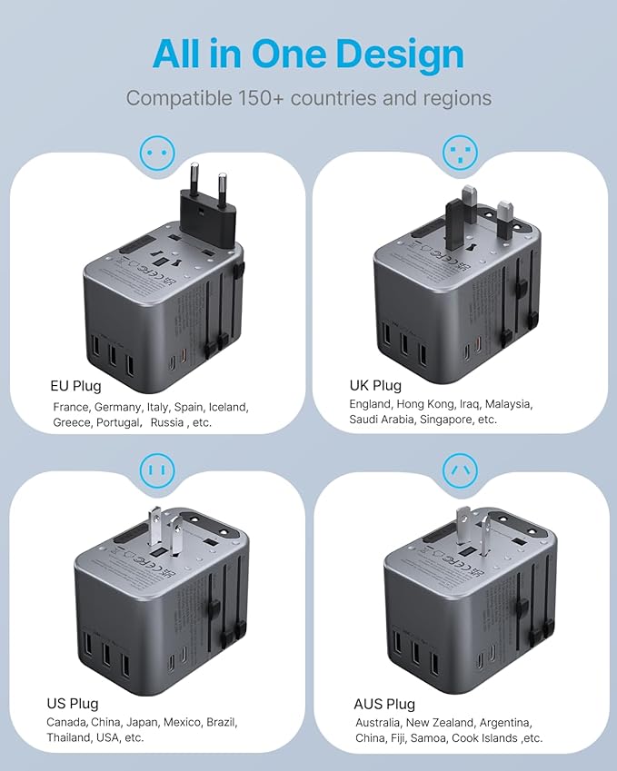 Universal Travel Adapter, VINTAR 35.5W International Power Adapter with 3 USB A QC and 2 USB C PD, All in One Plug Adapter Worldwide Travel Essentials for EU/UK/USA/AUS(Type C/G/A/I), Silver