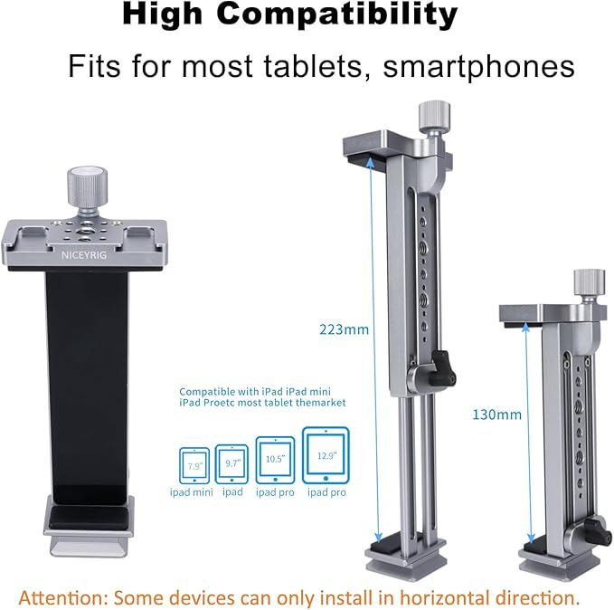 NICEYRIG Tablet Tripod Mount Aluminum Holder for iPad mini 8.3'' 7.9'', iPad Air, iPad Pro, 130mm - 223mm Adjustable Mounting Clamp with Double Locking Points, Quick Release Plate for Arca-style - 616