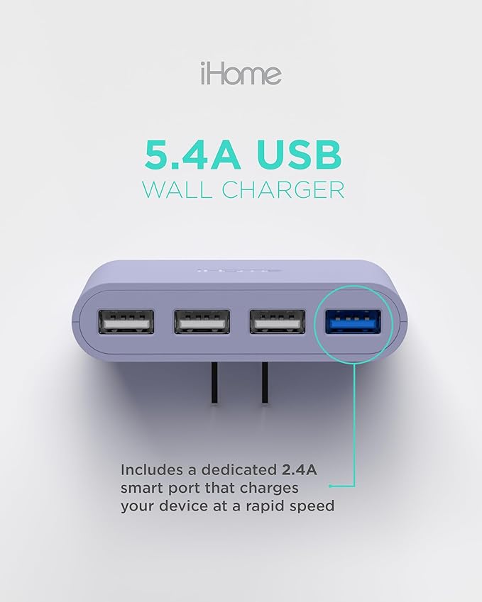 iHome Slim 4-Port USB Wall Charger, AC Pro Multiport Plug Adapter, Phone Charging Block with 4 Ports, Flat USB Wall Adapter for Home & Travel