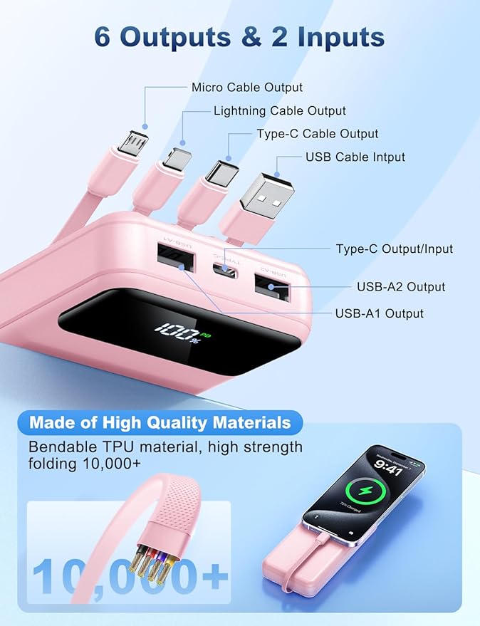 Portable Charger Power Bank 50000mAh Battery Pack, 22.5W Fast Charging PowerBank with Built in Cables,Travel Essential USB-C Portable Phone Charger for iPhone Samsung Pixel Android iPad-Pink