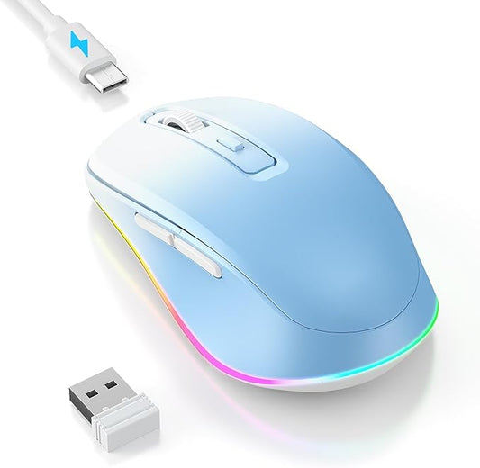 PEIOUS Wireless Mouse Jiggler - LED Wireless Mice with Build-in Mouse Mover, Rechargeable Moving Mouse for Laptop with Undetectable Random Movement Keeps Computers Awake - Blue to White