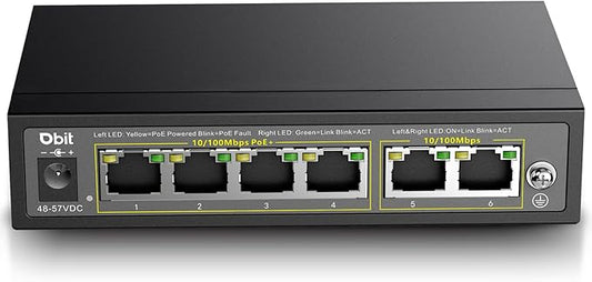DBIT 6-Port Ethernet PoE Switch with 4 Ports PoE+, 2 Fast Ethernet Uplink, 10/100Mbps, 63W High Power, Support IEEE802.3af/at, Fanless Metal Plug & Play PoE+ Network Switch (WS1042A)