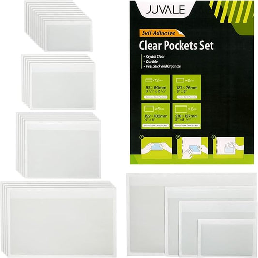 Juvale Pocket Planner Adhesive Pouches - White, 30-Pack, 4 Sizes (3.7 x 2.3 to 8.8 x 5.5 in) - Stick-On Pockets for Notebooks & Label Holder & Photo Sleeves & Index Card Sleeves